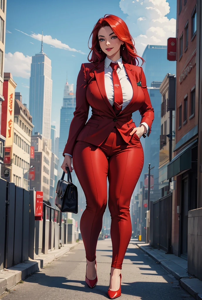 Young woman, giantess art, giga giantess in distance walking on through city, women with beautiful curves, massive thighs, red hair, lipstick, wearing a perfect  red pinstripe trouser suit and blazer, crisp red shirt, and a large wide Windsor knot red tie, with massive breasts. She is wearing platform high heels and standing on a miniature city, with skyscrapers at her feet, smiling with her huge breasts. This image is highly detailed, photorealistic, best quality, a masterpiece, with cinematic lighting, ultra-detailed, featuring red patent Louboutin pumps, low altitude photography, satellite view, a curvy figure, heaving bosom, legs, a mega city, urban sprawl, small towns, destruction, buildings, roads, a cloudy, overcast, hazy atmosphere, and wispy clouds