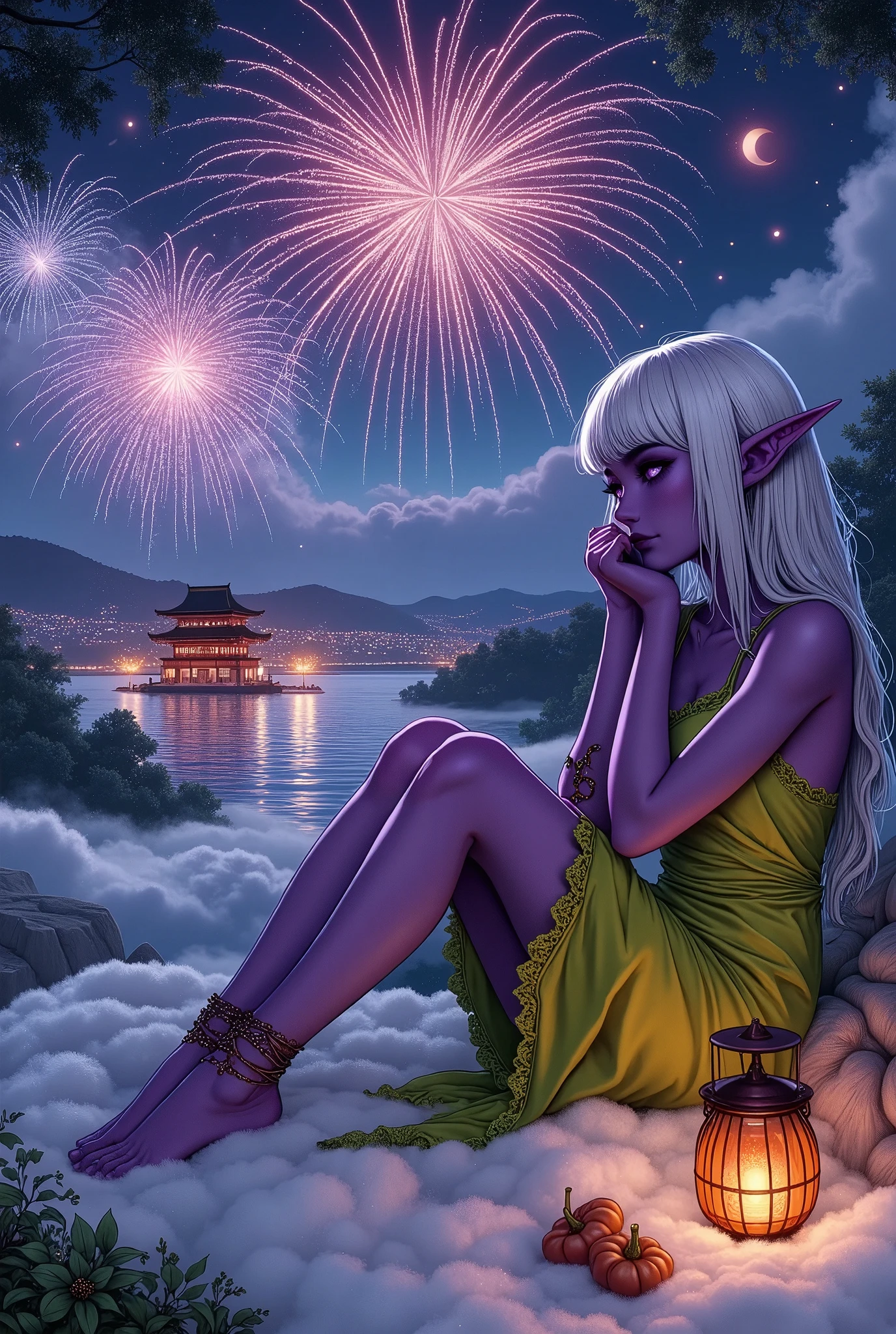 (Ultra-detailed face, Looking away, Fantasy Illustration with Gothic, Dark tone colors, A viewpoint looking down on the ground from above.), BREAK 
(A female dark elf wizard is lying on a fluffy cloud bed on a very high cloud, tummy down, her chin propped up with both hands. Perspective looking down at the view of Itsukushima Shrine on Miyajima, Japan below and the numerous Japanese-style fireworks that decorate the night sky at sea and among the clouds. A glance at the fireworks. A quiet smile. A Halloween pumpkin lantern sits by the cloud bed.), BREAK 
(A young-aged dark elf woman with pure white hair and eyebrows, blunt bangs, middle length disheveled hair, small pink lips, dark-purple color skin, lavender pupils, Draw thick, dark eyeliner around the eyes.), BREAK 
(A dark elf female wizard wears a lime-colored slip dress with lace and ruffles embroidered with autumn leaves. She is barefoot and wears anklets of rainbow-colored beads on her ankles.), BREAK 
(An autumn night. Stars twinkle in the dark blue sky. The glow of fireworks reflected on the surface of the sea is fantastic. The Japanese-style fireworks display multiple layers of rings of light, cascading shapes like willow leaves, hearts, and roses with pyrotechnics. Fine particles of light sparkle and you can see smoke drifting in the sky after the fireworks open.)