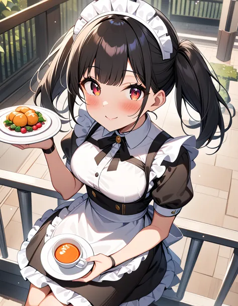 a cartoon girl wearing a maid costume holding a plate of food while sitting on a railing, 1girl, breasts, solo, smile, cup, larg...