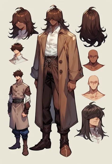 human male adult   , dark brown long hair , hair over eyes ,medieval clothing , white shirt buttons , brown coat , background,ch...