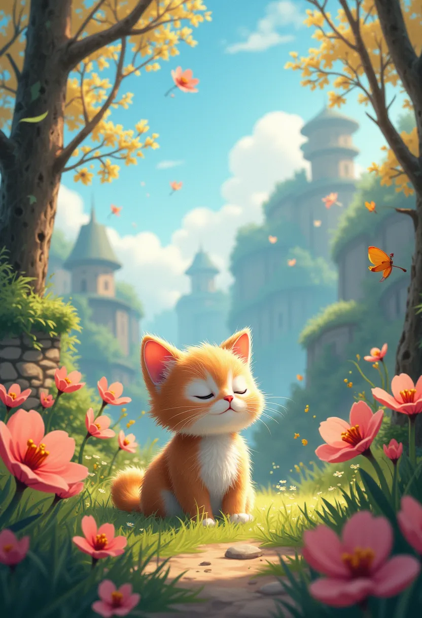 a beautiful spring day, cats travel into dreams, 1 cute cat, detailed cat face, finely detailed fur, sleeping cat, dreaming cat,...