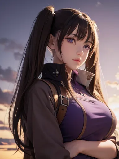 a brown-haired girl with twintails, purple eyes, beautiful, giant, foreground,  fringe