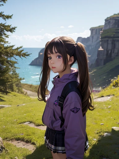 A brown-haired girl with twintails, purple eyes, beautiful, giant, foreground,  fringe