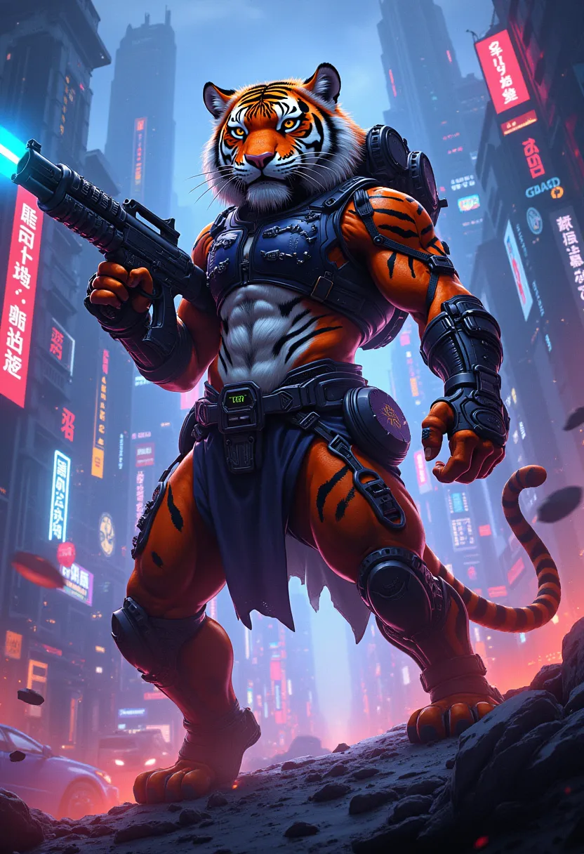 cyberpunk tiger warrior, neon lights, futuristic city, holding laser gun, concept art, highly detailed, 8k, ultra-detailed, phot...