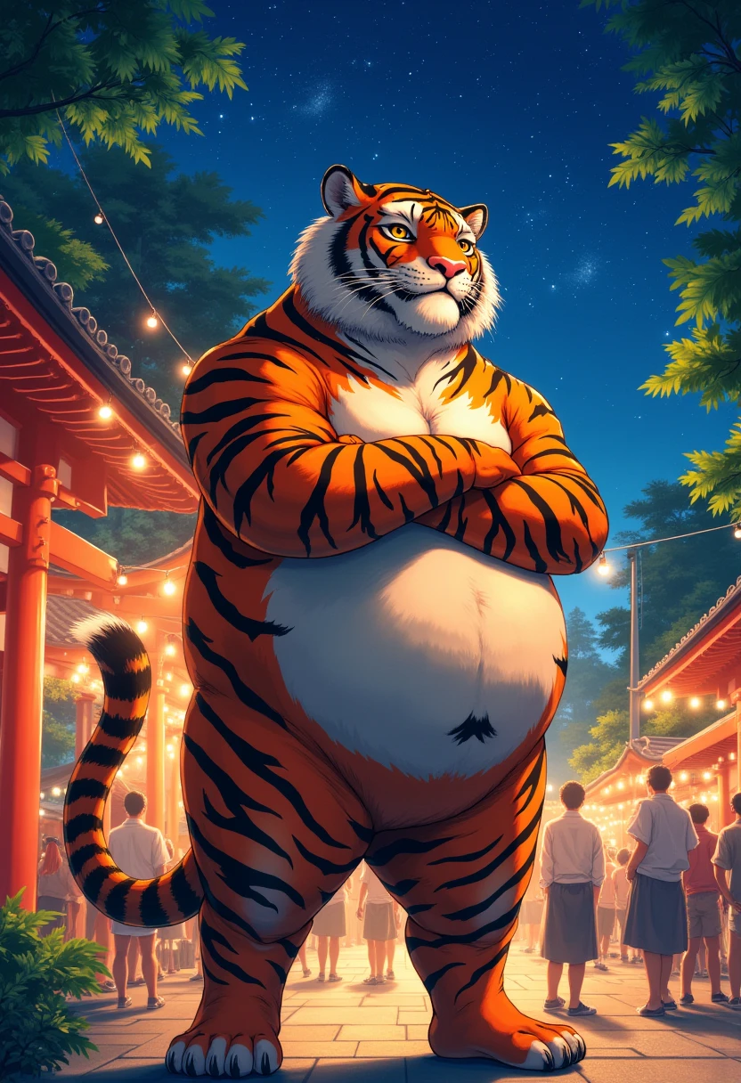 summer festival, a plump middle-aged tiger man, full body in Michelangelo Buonarroti style, digital illustration anime, character focus, full body, looking away, dynamic angle, niji6, niji5, BREAK fundoshi, topless, standing, crossing one's arms, dynamic pose, detailed painting landscape, starry sky, kyoto, shrine, outdoor, BREAK complete anatomy, perfect proportions, beautiful thigh gap, fluffy body, intricate fur details, beautiful fur texture, BREAK detailed tiger 1tail, detailed toe, 5toes, 5toes nails, beautiful foot, detailed hands, 5fingers, 5fingers nails, BREAK aesthetic anime face, insanity detailed face, male face, big face, square jawline, aesthetic anime eyes, detailed brown eyes, detailed brown cornea, detailed dark brown irises, detailed pupils, male eyes, big eyes, male eyebrows, innocent look, beautiful beard, BREAK masterpiece, official art, best quality, very aesthetic, absurdres, super fine illustration, great quality, BREAK noise reduction, very highres, large filesize, high quality, 32K, 8k wallpaper, dynamic lighting, BREAK insanity detailed, ultra detailed, intricate details, extremely detailed, detailed texture, an extremely delicate and beautiful, full color, HDR, BREAK e621 illustration, Fur Affinity illustration, osukemo, kemohomo, anthropomorphic, furry, cartoon, harmonious eyes, pastoral face, virtuous body, festival atmosphere 