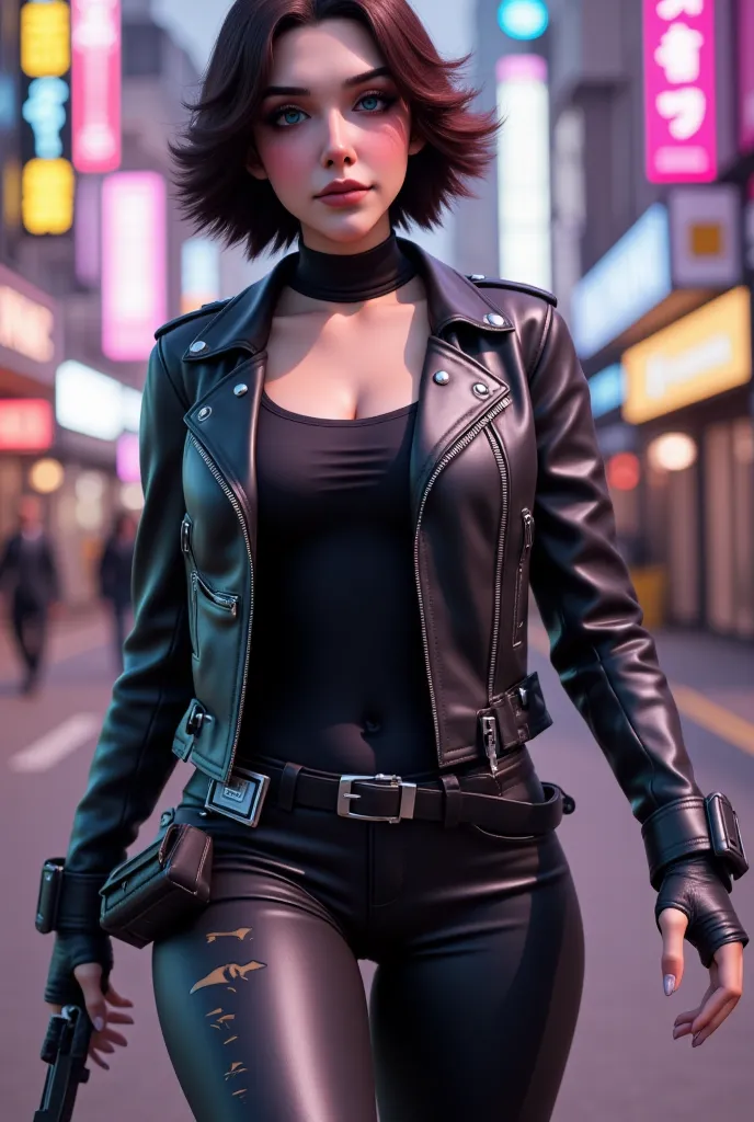 beth as a renegade bounty hunter, 3d render, fornite skin, 3d model, in the bustling, neon-lit streets of a sprawling cyberpunk ...