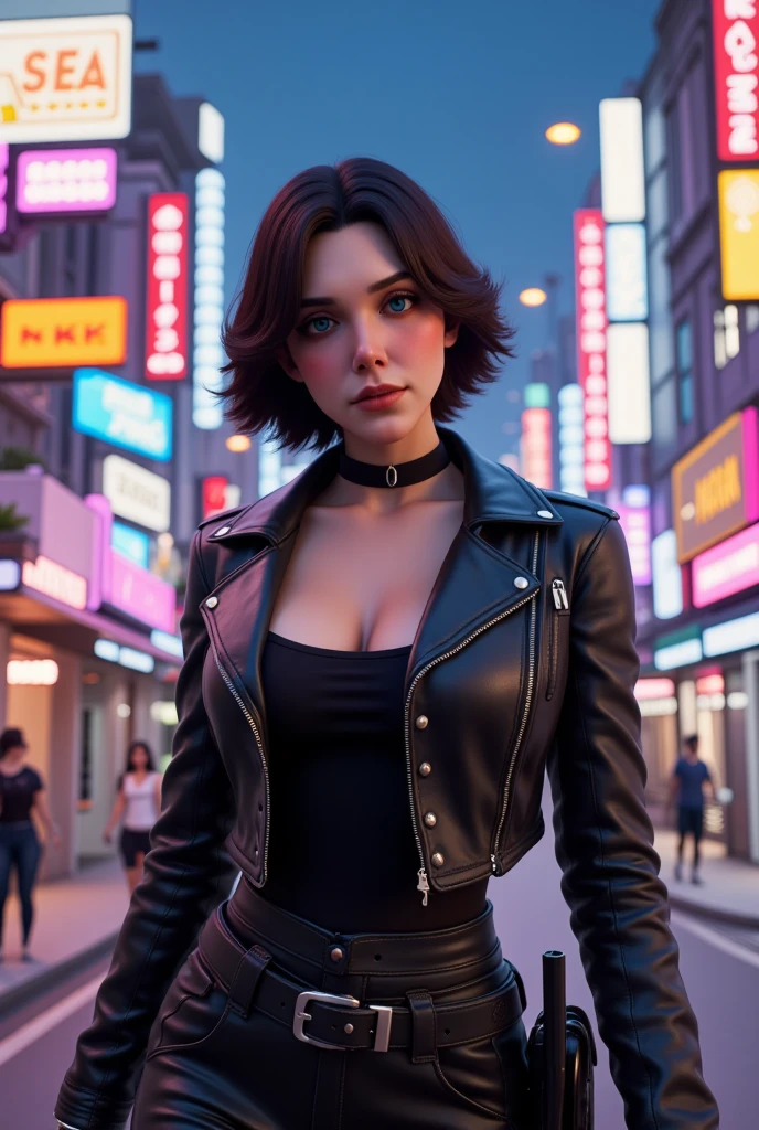 Beth as a renegade bounty hunter, 3d render, fornite skin, 3d model, In the bustling, neon-lit streets of a sprawling cyberpunk metropolis, the Bounty Hunter blends seamlessly into the chaotic environment. She sports a rugged, dark leather jacket that fits snugly around her torso, adorned with metal studs and reinforced padding for protection. Attached to her belt are various high-tech gadgets and weapons, essential for her dangerous line of work. Under the jacket, she wears a skin-tight, black synthetic fabric shirt that provides both flexibility and durability, with lines of glowing circuitry running along her arms, hinting at cybernetic enhancements.