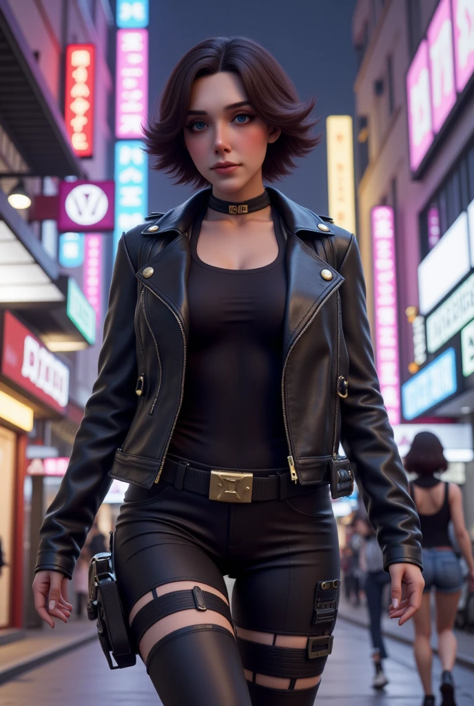 Beth as a renegade bounty hunter, 3d render, fornite skin, 3d model, In the bustling, neon-lit streets of a sprawling cyberpunk metropolis, the Bounty Hunter blends seamlessly into the chaotic environment. She sports a rugged, dark leather jacket that fits snugly around her torso, adorned with metal studs and reinforced padding for protection. Attached to her belt are various high-tech gadgets and weapons, essential for her dangerous line of work. Under the jacket, she wears a skin-tight, black synthetic fabric shirt that provides both flexibility and durability, with lines of glowing circuitry running along her arms, hinting at cybernetic enhancements.