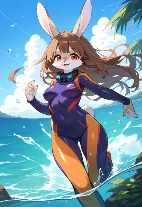 score_9, score_8_up, score_7_up, score_6_up, score_5_up, score_4_up, source_anime, best quality, amazing quality, very aesthetic, absurdres, 1girl, (furry, kemono, rabbit,:1.3), long hair, brown hair, ocean, water, outdoors, bodysuit, day, sky, watercraft, diving suit, A woman is wearing a purple wet suit and carrying a white surfboard behind her. The surfboard has a black design on the top of it. The woman is smiling and looking at the camera. Behind the woman is a rocky cliff that is covered in moss and moss. The sky is blue and clear. The water is splashing in front of the woman.
