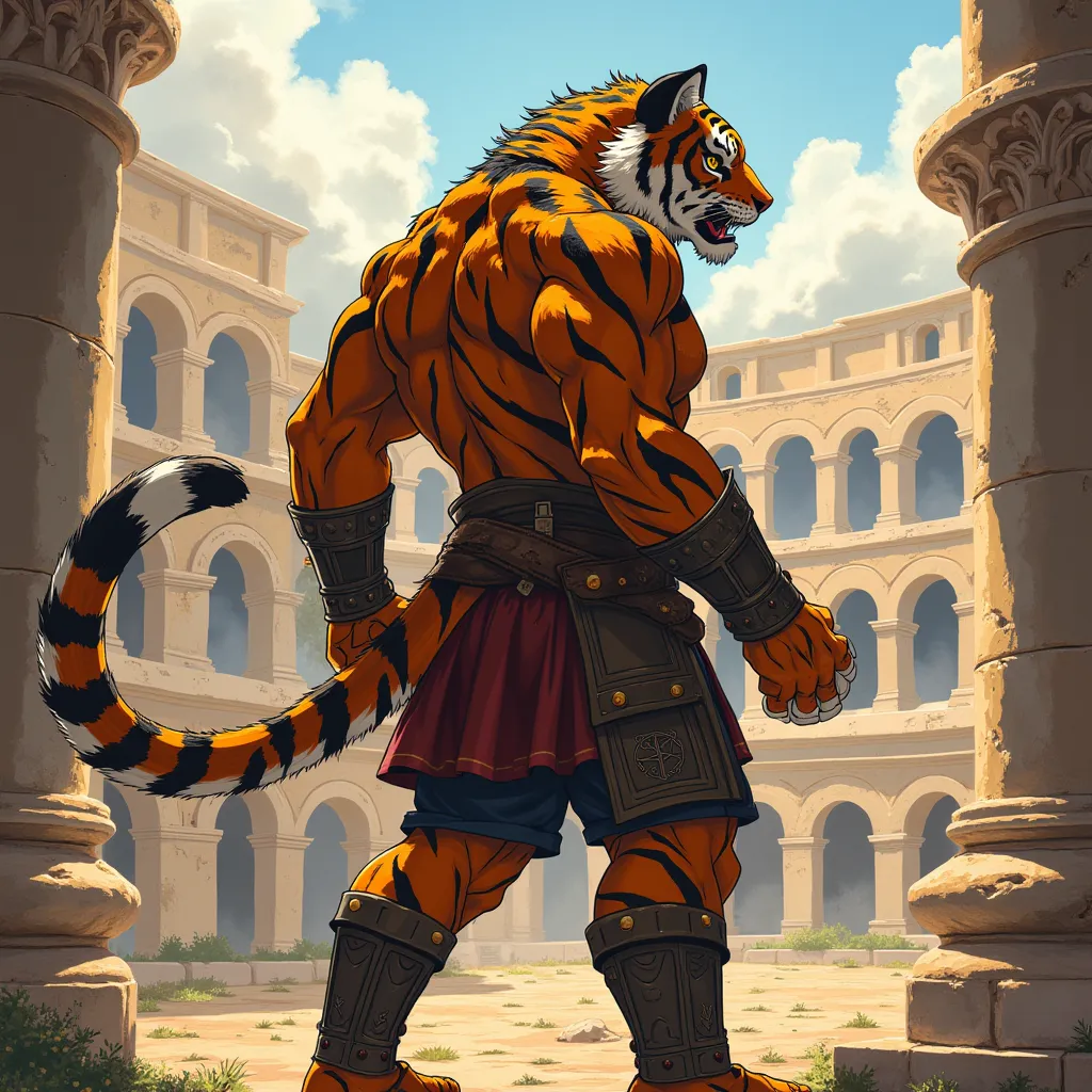 gladiator, a muscular middle-aged tiger man, full body in michelangelo buonarroti style, digital illustration anime, character f...