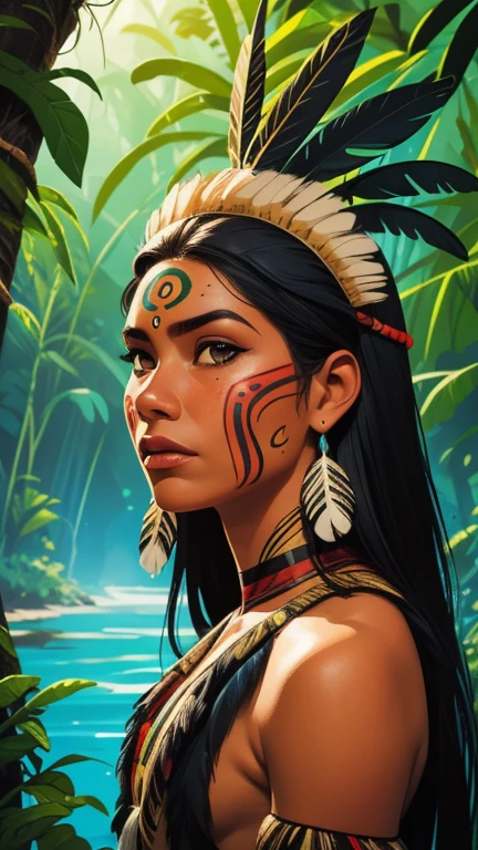 comic art, digital painting. A beautiful indigenous woman in a native superhero costume with feathers and quills on her head, indigenous peoples of the amazon in brazil, beautiful young native brazilian woman, paint face, Warm body, Yanomami Indian in traditional costume,high quality. Amazon rainforest and river bottom. vivid colors, cinematic lighting. detailed, intricate, detailed face.