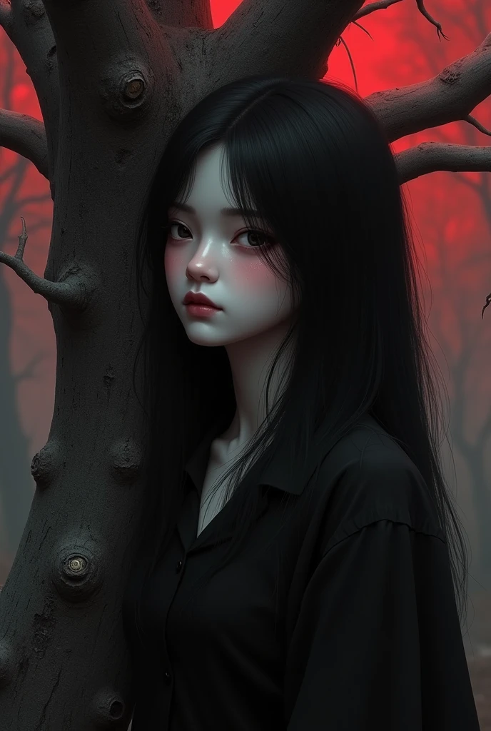 A girl standing under the dead tree, close-up, black and red palette, porcelain skin, through the darkness, dreamlike