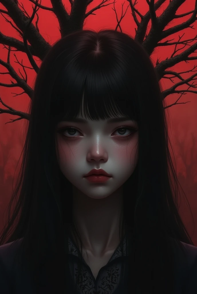 A girl standing under the dead tree, close-up, black and red palette, porcelain skin, through the darkness, dreamlike