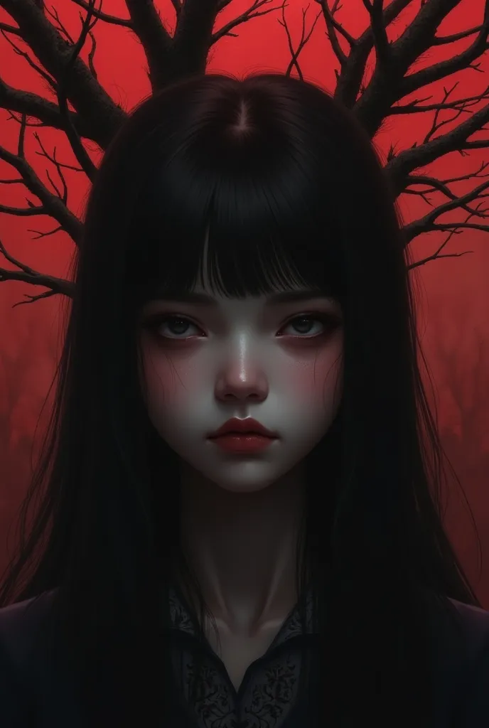 a girl standing under the dead tree, close-up, black and red palette, porcelain skin, through the darkness, dreamlike