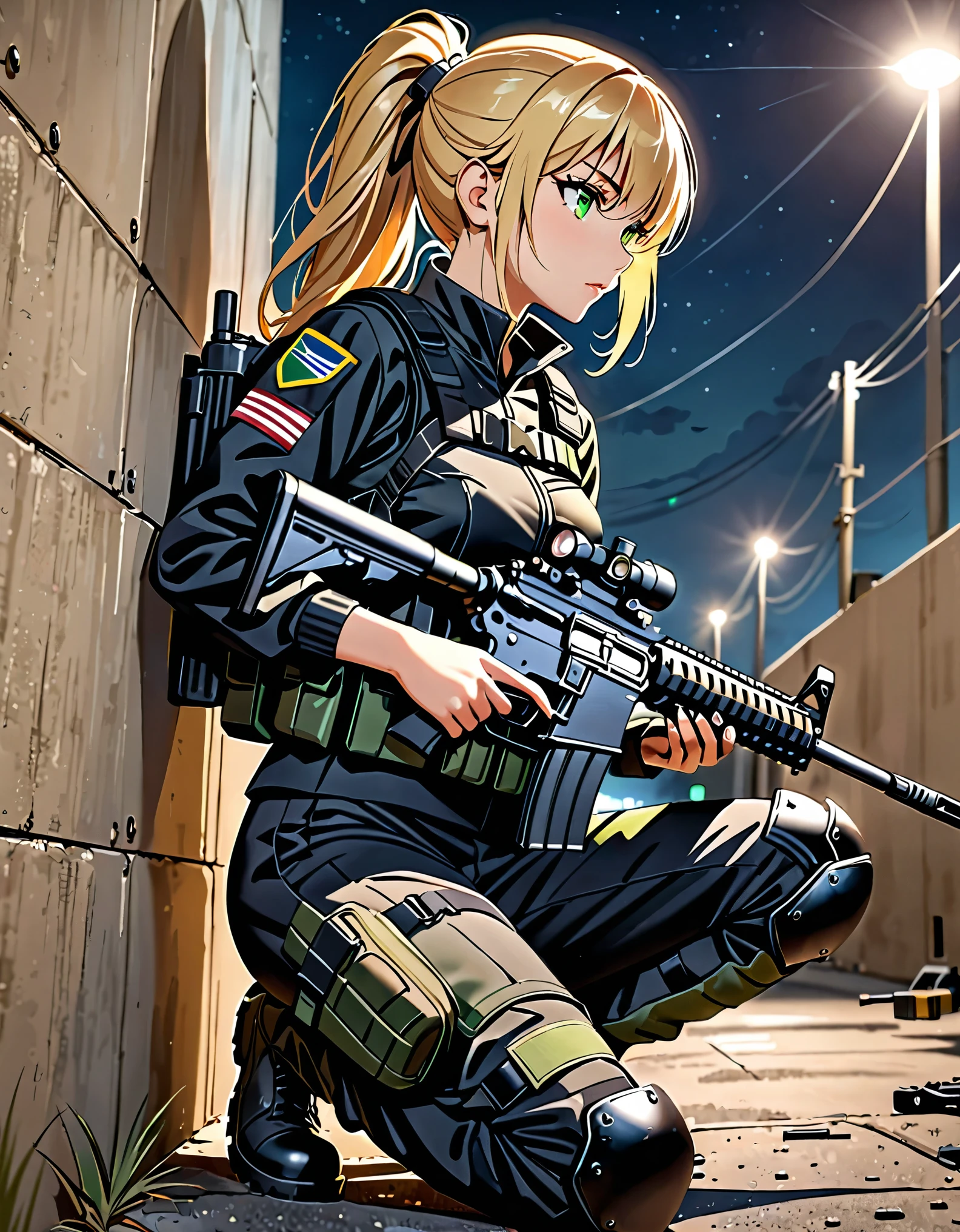 Masterpiece, best quality, high res, 8k, solo, solo focus, Italian female supermodel, blonde hair, long hair, ponytail hair, lime green eyes, beautiful detailed eyes, black tactical gear, black uniform, black pants, matching combat boots, knee pads, using an AR-15 rifle, kneeling, leaning, against wall, on the lookout, looking away, depth of field, medium breasts, perfect anatomy, hyperrealism, US military base, searchlight, nighttime, outdoors, perspective, cinematic lighting, cowboy shot, fix hands