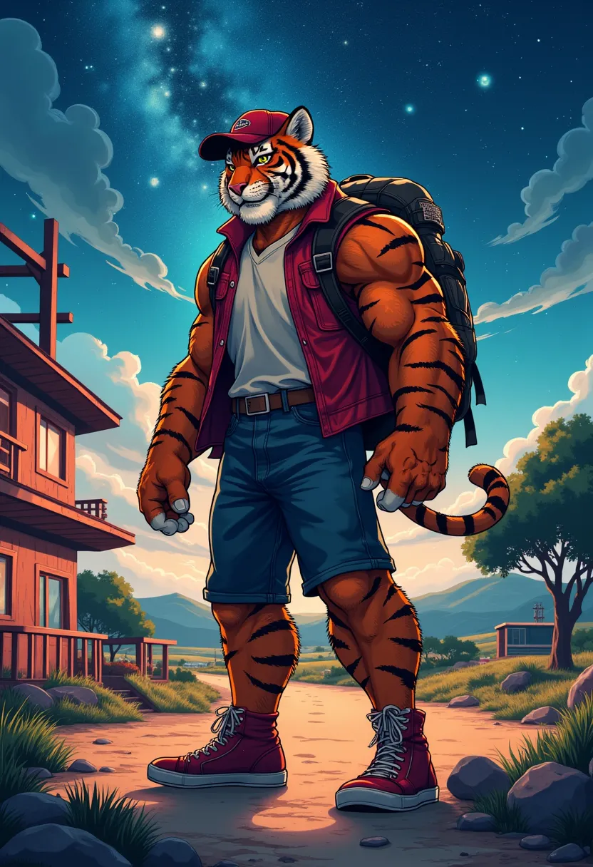 american country, backpacker, muscular middle-aged tiger man, happy, little smile, backpack, baseball cap, costume, half pants, ...