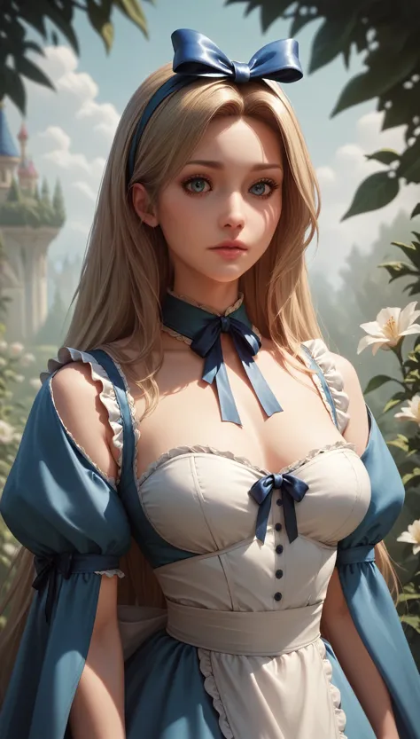 One girl, masterpiece, Best Quality, 8k, Detailed skin texture, Detailed cloth texture, Beautiful detailed face, Intricate details, Super detailed, Alice in Wonderland, (A ribbon on her head:1.1), Upper Body