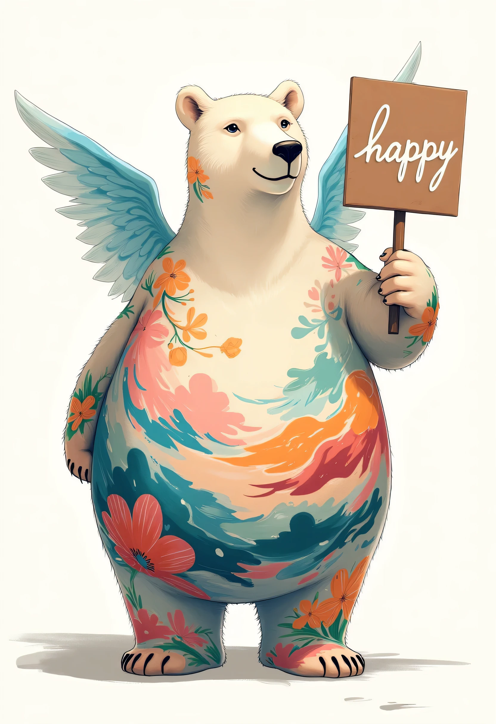 angel, a plump middle-aged polar bear man, angel wings, a creative and artistic image featuring a full-body polar bear, its fur serving as a canvas for a vibrant, abstract painting. The bear stands in a neutral pose, its white fur transformed into a living canvas with bold, colorful brushstrokes and patterns. The painting on the bear’s body includes elements of nature, swirling colors, and artistic motifs such as flowers, waves, and geometric shapes. The background is minimalistic, allowing the focus to remain on the art-covered bear. The overall atmosphere is both elegant and expressive, highlighting the contrast between the bear’s natural form and the artistic, painterly designs covering it, BREAK full body in Michelangelo Buonarroti style, character focus, full body, looking away, dynamic angle, BREAK happy, light smile, holding a sign &quot;HAPPY&quot;, cute pose, detailed painting landscape, flower garden, BREAK complete anatomy, perfect proportions, beautiful thigh gap, fluffy body, intricate fur details, beautiful fur texture, BREAK detailed polar bear tail, detailed toe, 5toes, 5toes nails, beautiful foot, detailed hands, 5fingers, 5fingers nails, BREAK aesthetic anime face, insanity detailed face, male face, big face, square jawline, aesthetic anime eyes, detailed brown eyes, detailed brown cornea, detailed dark brown irises, detailed pupils, male eyes, big eyes, male eyebrows, innocent look, beautiful beard, BREAK masterpiece, official art, best quality, very aesthetic, absurdres, super fine illustration, great quality, BREAK noise reduction, very highres, large filesize, high quality, 32K, 8k wallpaper, dynamic lighting, BREAK insanity detailed, ultra detailed, intricate details, extremely detailed, detailed texture, an extremely delicate and beautiful, full color, HDR, BREAK e621 tag, Fur Affinity illustration, osukemo, kemohomo, anthropomorphic, furry, cartoon, digital illustration anime 