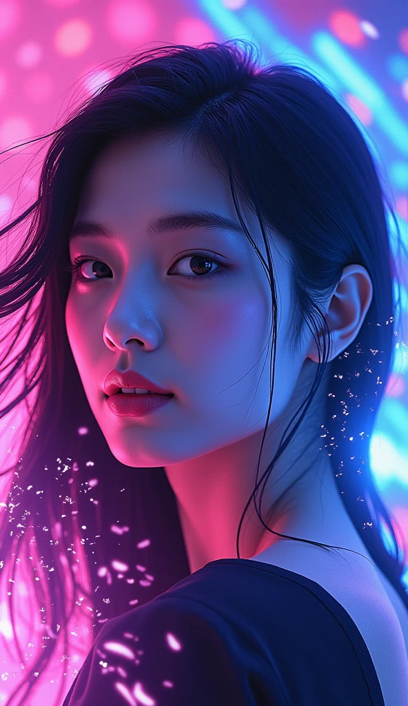 Female portrait, neon splash art, vibrant surreal colours
