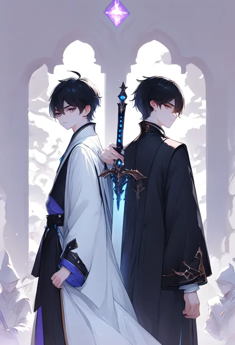 two teenage boys、white skin、a black-haired aristocratic swordsman and a small wizard、fantasy world background、vivid illustration...