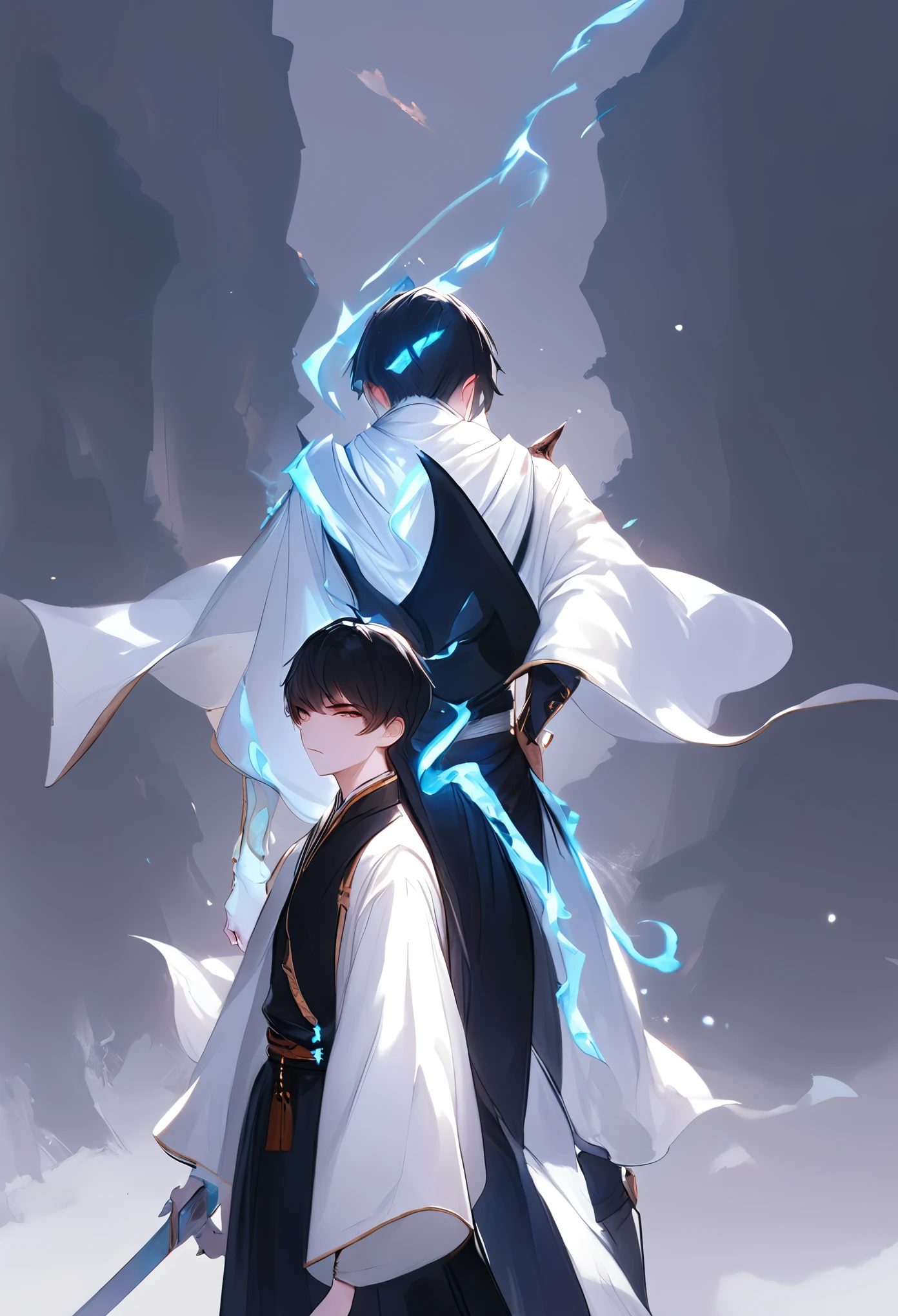 Two teenage boys、White skin、A black-haired aristocratic swordsman and a small wizard、Fantasy world background、Vivid illustrations、Best Quality、Detailed explanation、Back to back pose