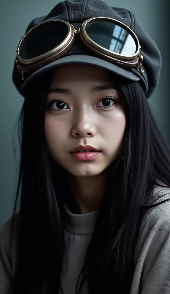 portrait of a beautiful asian girl with black hair, wearing (retro aviator googles:1.2) and flight cap, dark shadows, atmospheri...