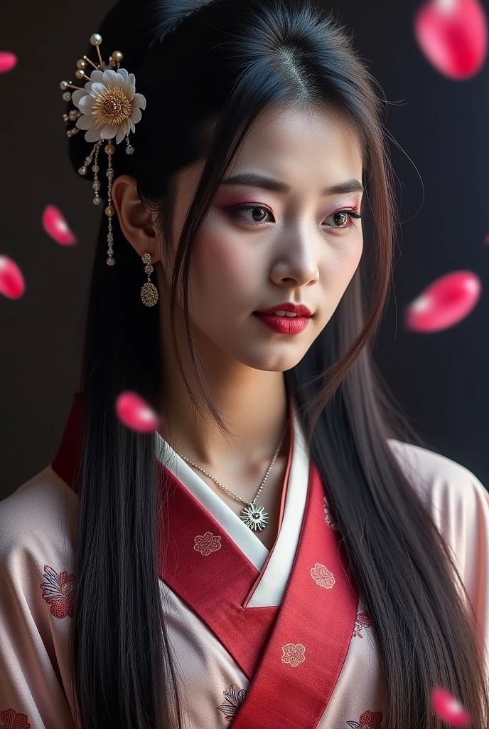 Portrait of stunningly beautiful asian princess, dark eyeshadow, make-up, red lips, long dark hair, hair ornaments, earrings, necklaces, exquisitely oatterned kimono, sakura petals fall randomly in the air, dark shadows, atmospheric haze, limited palette, low key, highly dramatic lighting, vibrant surreal colours