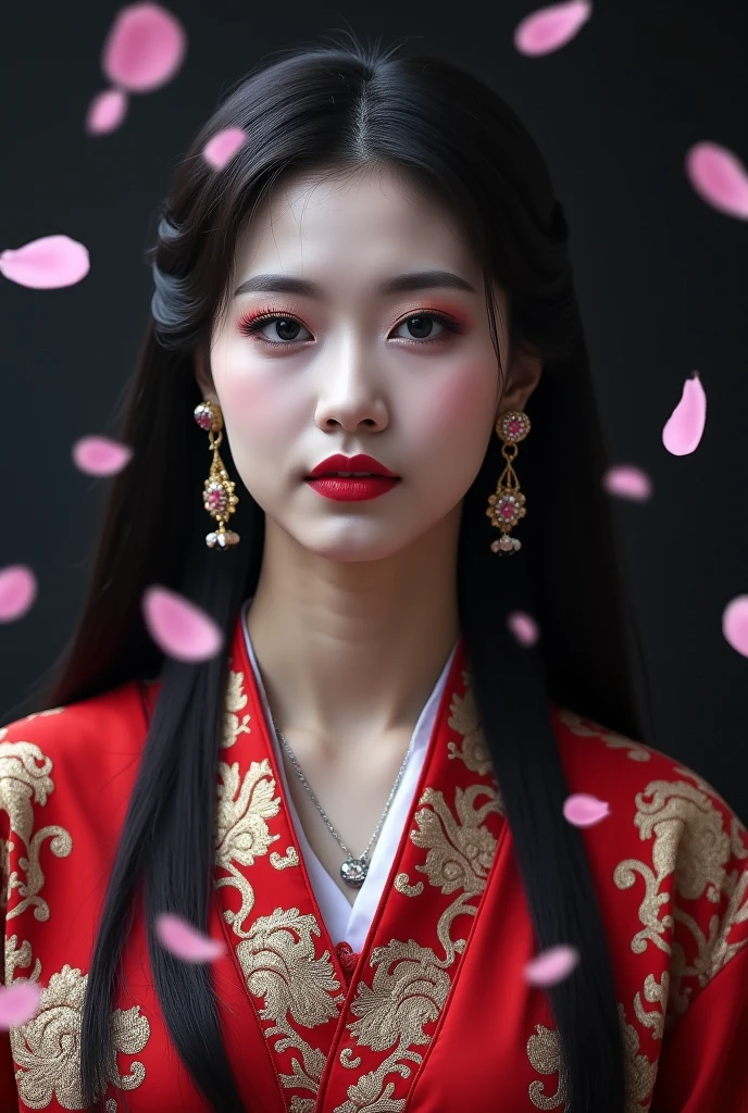 Portrait of stunningly beautiful asian princess, dark eyeshadow, make-up, red lips, long dark hair, hair ornaments, earrings, necklaces, exquisitely oatterned kimono, sakura petals fall randomly in the air, dark shadows, atmospheric haze, limited palette, low key, highly dramatic lighting, vibrant surreal colours