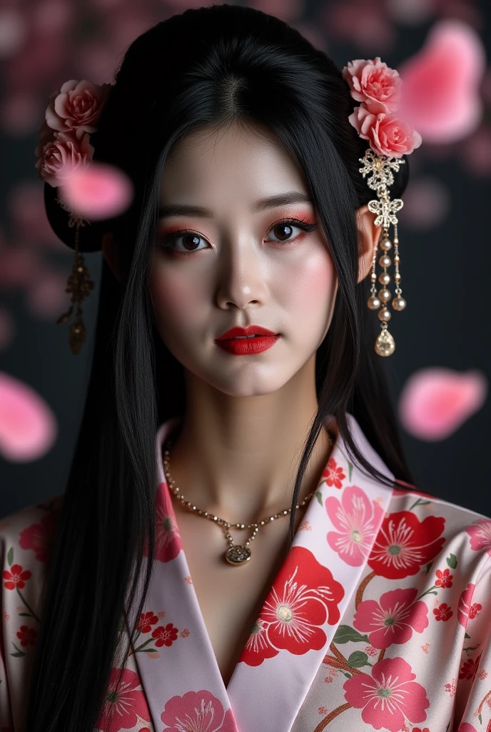 Portrait of stunningly beautiful asian princess, dark eyeshadow, make-up, red lips, long dark hair, hair ornaments, earrings, necklaces, exquisitely oatterned kimono, sakura petals fall randomly in the air, dark shadows, atmospheric haze, limited palette, low key, highly dramatic lighting, vibrant surreal colours