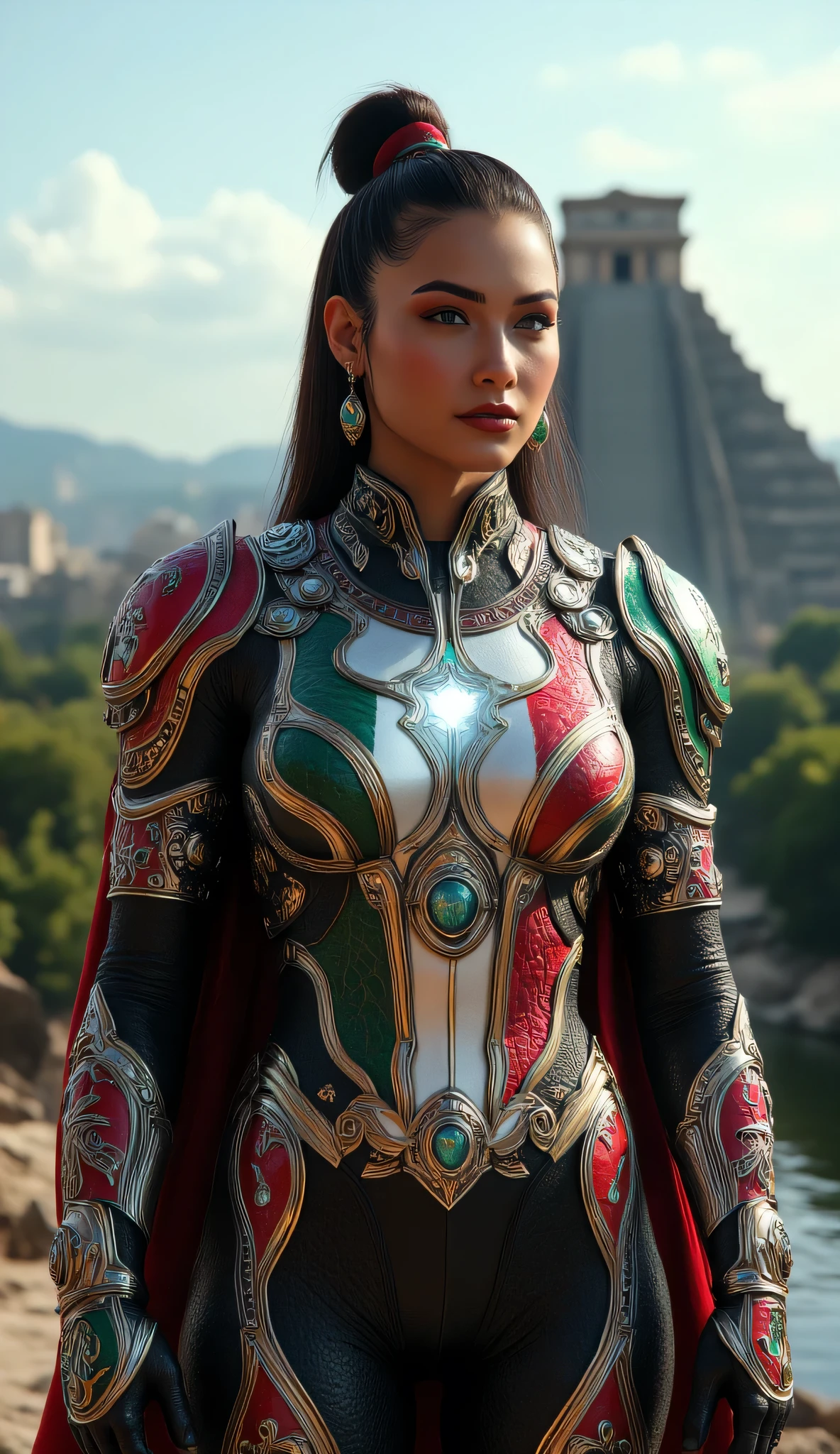 "Create a wide-shot of a realistic superhero inspired by Mexican culture, mythology, and colors. This superhero's costume merges elements reminiscent of iconic Marvel characters with advanced, tactical armor and modern technology. The outfit is adorned with traditional Aztec and Mayan patterns, blending vibrant reds, greens, and golds, representing the Mexican flag, with accents of turquoise, symbolizing the ancient jade used in rituals. Their armor seamlessly integrates with modern metallic textures, creating a balance between ancient heritage and futuristic aesthetics. The scene is set against a background that combines a high-tech cityscape with a mystical Aztec temple, highlighting the fusion of tradition and modernity. The lighting should emphasize the intricate details of the costume, showcasing a sense of power, cultural pride, and the mystical energy that connects the character to their roots."