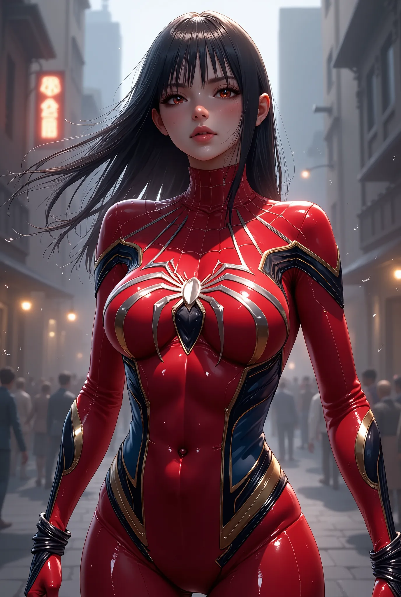 semi-realism, anime style, shiny skin, white skin, spider woman, red spiderman suit, spider logo on chest, detailed clothing, re...