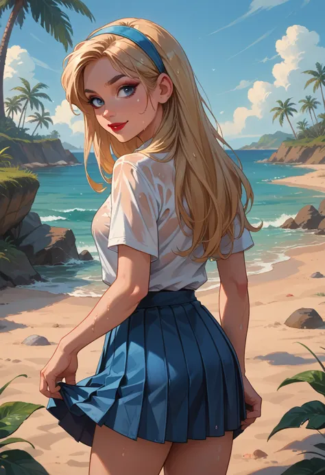 nsfw, masterpiece, best quality, 1 , supergirl, blonde hair, long hair, hair band, blue eye, pleated skirt, (short white blouse)...