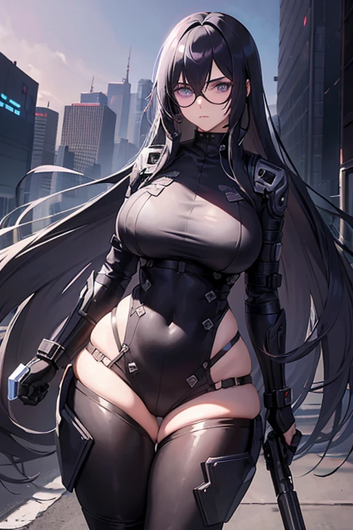 Cyberpunk boyish woman, armored thong bodysuits, black long hair, flipped hair hair, long bangs, long bangs between eyes,, shooting sunglass(polarization sunglass), left hand is prosthetic arm(Silver chrome), hair:black, bluish-purple glasses. bottom heavy curvy body. exposed hips and thighs well drawn eyes.