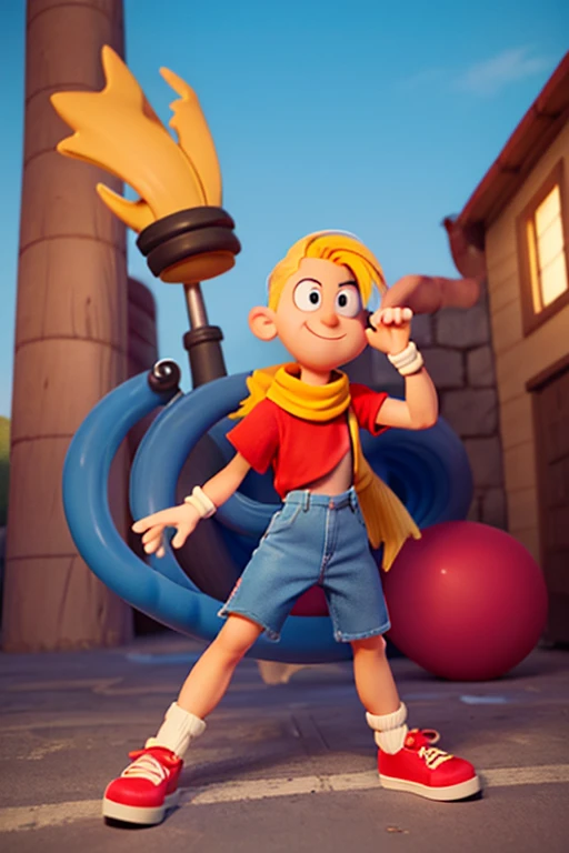 (cartoonish long nose), male, slightly pointed chin, yellow hair, red scarf, white t-shirt, oval-shaped eyes, black eyes, ripped blue pants, (((90's rubberhose shoes))), extremely energetic, no visible eyebrows