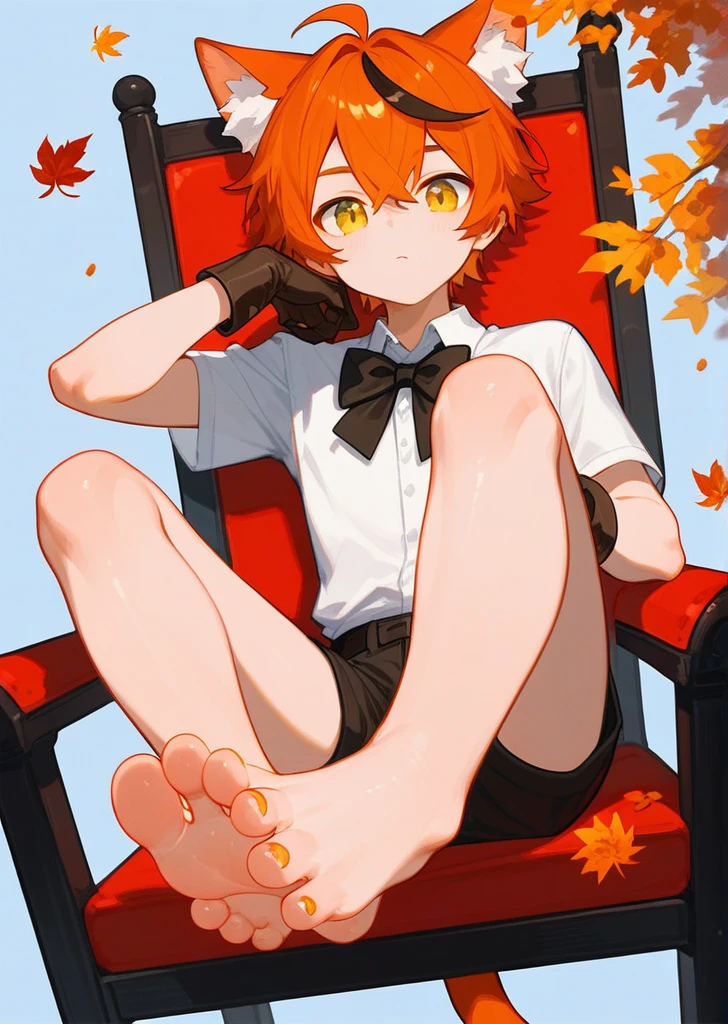 score_9,score_8_up,score_7_up,ncaaoo33,1boy,feet focus,feet,barefoot,toes,foreshortening,solo,cat ears,sitting,golden eyes,spread toes,orange hair,toenails,animal ear fluff,streaked hair,cat boy,detailed background,chair,bare legs,looking at viewer,multicolored hair,black shorts,sidelocks,legs,shiny,trees in background,french braid,blue background,long white shirt over waist,two feet,boy,tail,autumn leaves, leaves falling 