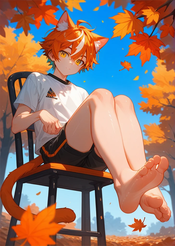 score_9,score_8_up,score_7_up,ncaaoo33,1boy,feet focus,feet,barefoot,toes,foreshortening,solo,cat ears,sitting,golden eyes,spread toes,orange hair,toenails,animal ear fluff,streaked hair,cat boy,detailed background,chair,bare legs,looking at viewer,multicolored hair,black shorts,sidelocks,legs,shiny,trees in background,french braid,blue background,long white shirt over waist,two feet,boy,tail,autumn leaves, leaves falling 