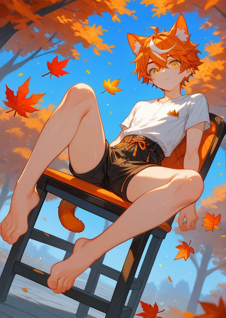 score_9,score_8_up,score_7_up,ncaaoo33,1boy,feet focus,feet,barefoot,toes,foreshortening,solo,cat ears,sitting,golden eyes,spread toes,orange hair,toenails,animal ear fluff,streaked hair,cat boy,detailed background,chair,bare legs,looking at viewer,multicolored hair,black shorts,sidelocks,legs,shiny,trees in background,french braid,blue background,long white shirt over waist,two feet,boy,tail,autumn leaves, leaves falling 