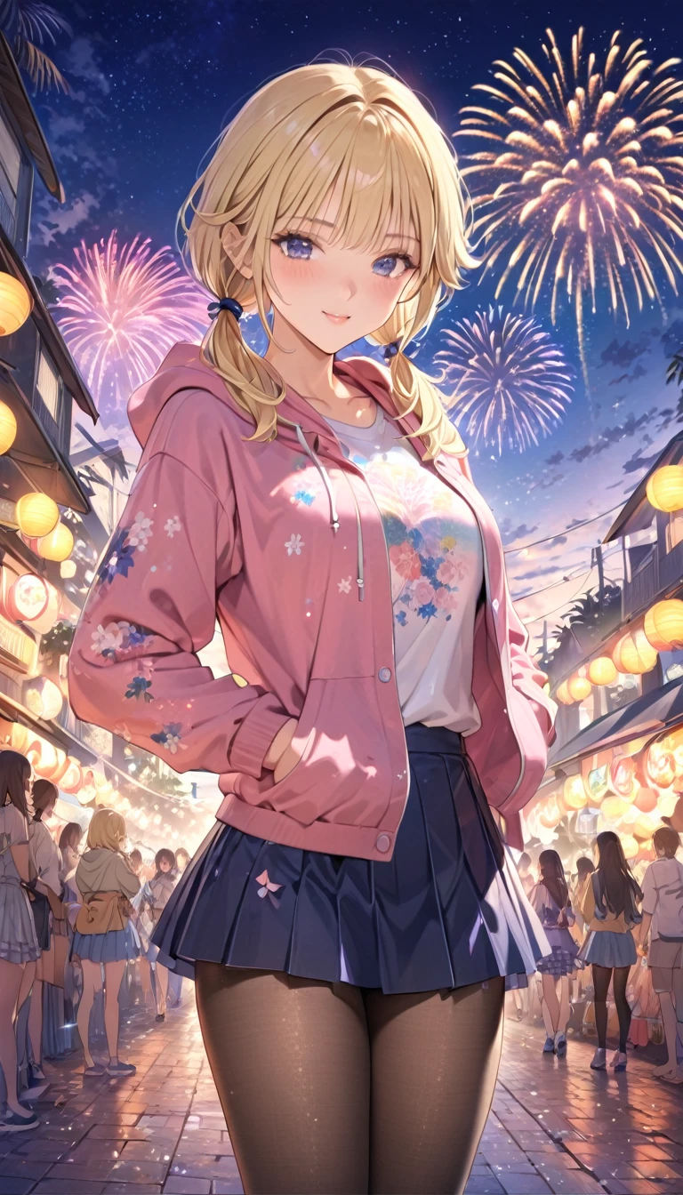  Best Quality, 　masterpiece　High resolution　masterpiece、Idol Group、Blonde low twintails、Cute Girls、Casual hoodie outfit、mini skirt、Thin black pantyhose、
coastal、Fireworks festival background、Flowerpunk、Sparkling light particles、Vivid gradient effect