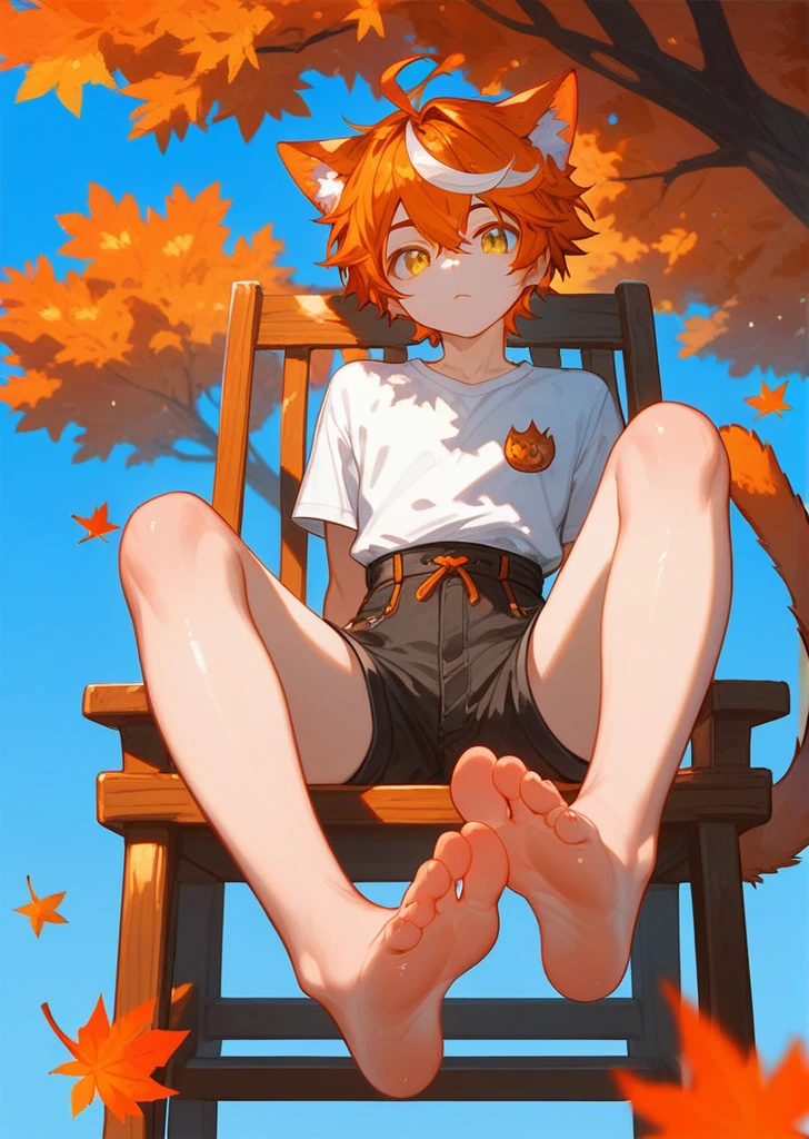 score_9,score_8_up,score_7_up,ncaaoo33,1boy,feet focus,feet,barefoot,toes,foreshortening,solo,cat ears,sitting,golden eyes,spread toes,orange hair,toenails,animal ear fluff,streaked hair,cat boy,detailed background,chair,bare legs,looking at viewer,multicolored hair,black shorts,sidelocks,legs,shiny,trees in background,french braid,blue background,long white shirt over waist,two feet,boy,tail,autumn leaves, leaves falling 