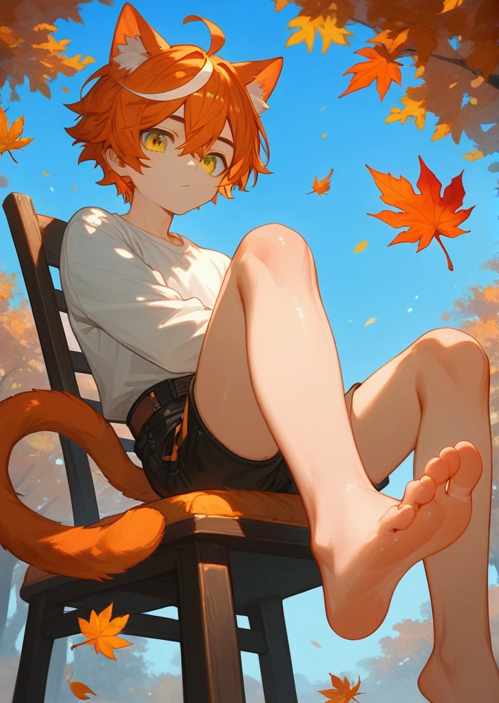 score_9,score_8_up,score_7_up,ncaaoo33,1boy,feet focus,feet,barefoot,toes,foreshortening,solo,cat ears,sitting,golden eyes,spread toes,orange hair,toenails,animal ear fluff,streaked hair,cat boy,detailed background,chair,bare legs,looking at viewer,multicolored hair,black shorts,sidelocks,legs,shiny,trees in background,french braid,blue background,long white shirt over waist,two feet,boy,tail,autumn leaves, leaves falling 