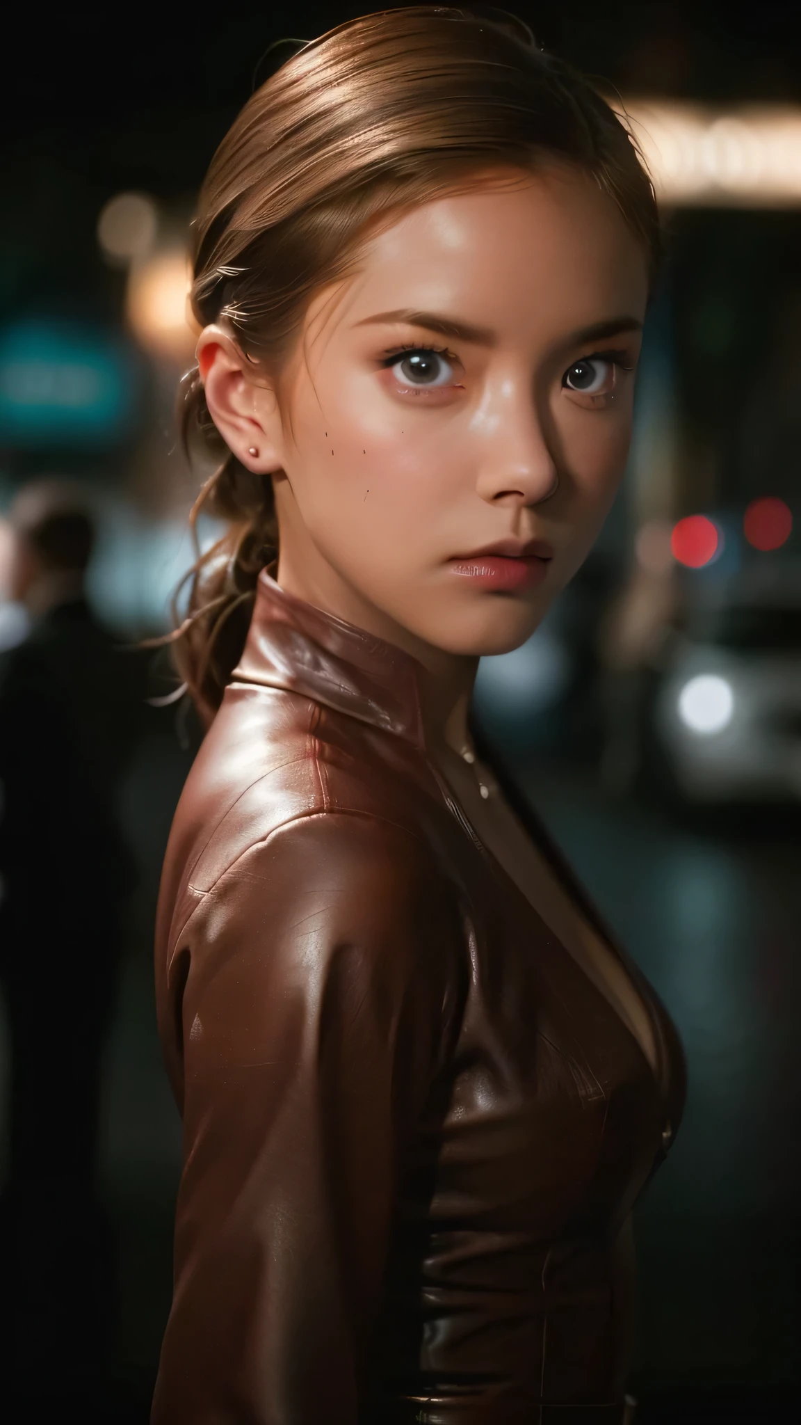 photorealistic image of beautiful KristannaTX:1.1,  looking at viewer, seducing look, perfect face, perfect eyes, skin pores, deep focus, dark lighting, cinematic, city street, T-X, deep focus, sharp details, detailed leather, 8K, Ultra HD, best quality