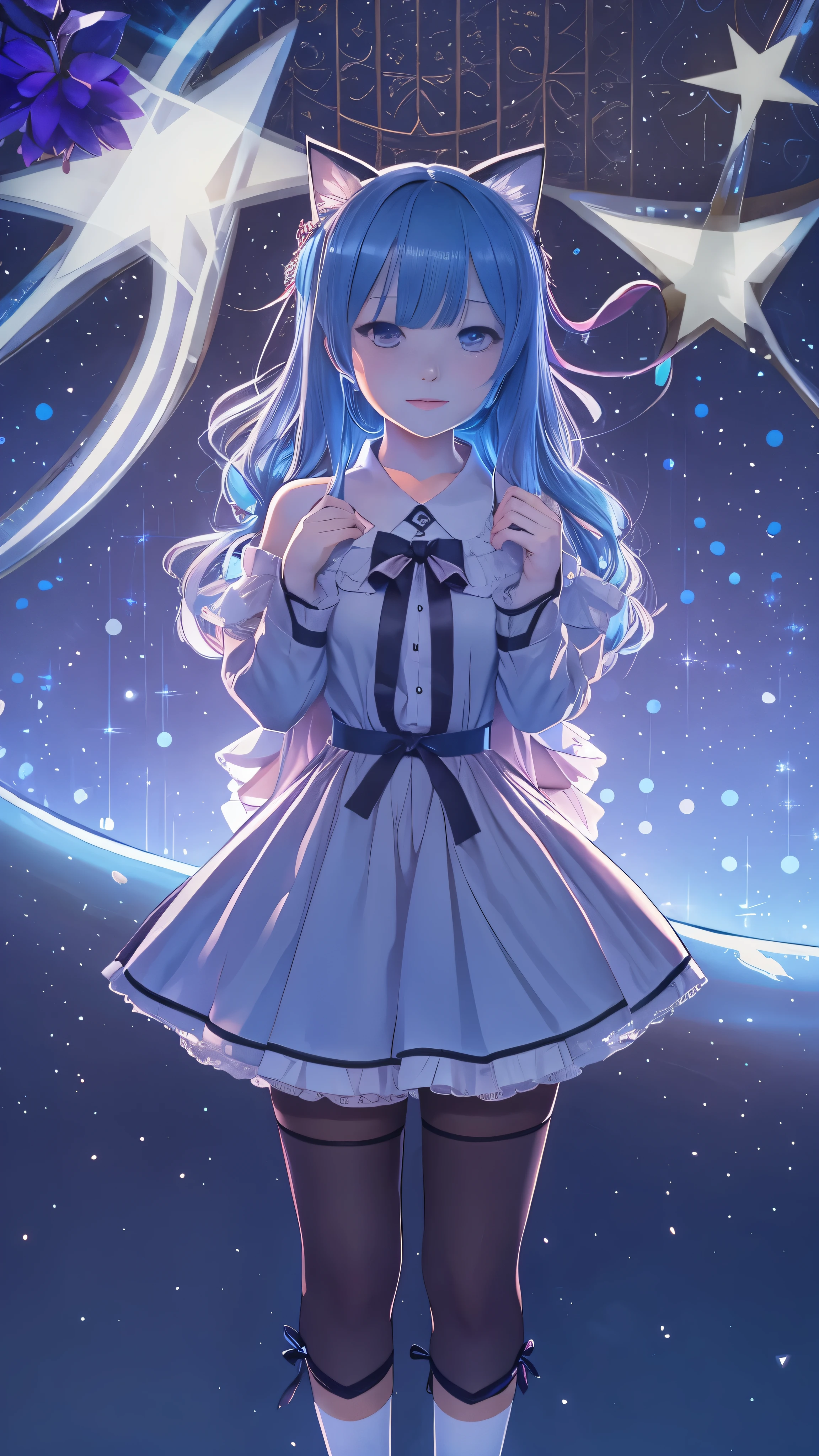 With high definition images，One girl, Frederica Bernkastel, bangs, blue bow, Blue Hair, blunt bangs, bow, Embrace your chest, Cat&#39;s tail, Arms crossed, dress, Long Hair, Long sleeve, Purple eyes, Starry sky background, Alone, tail bow, Tail decoration, Tail raised, Tail ribbon