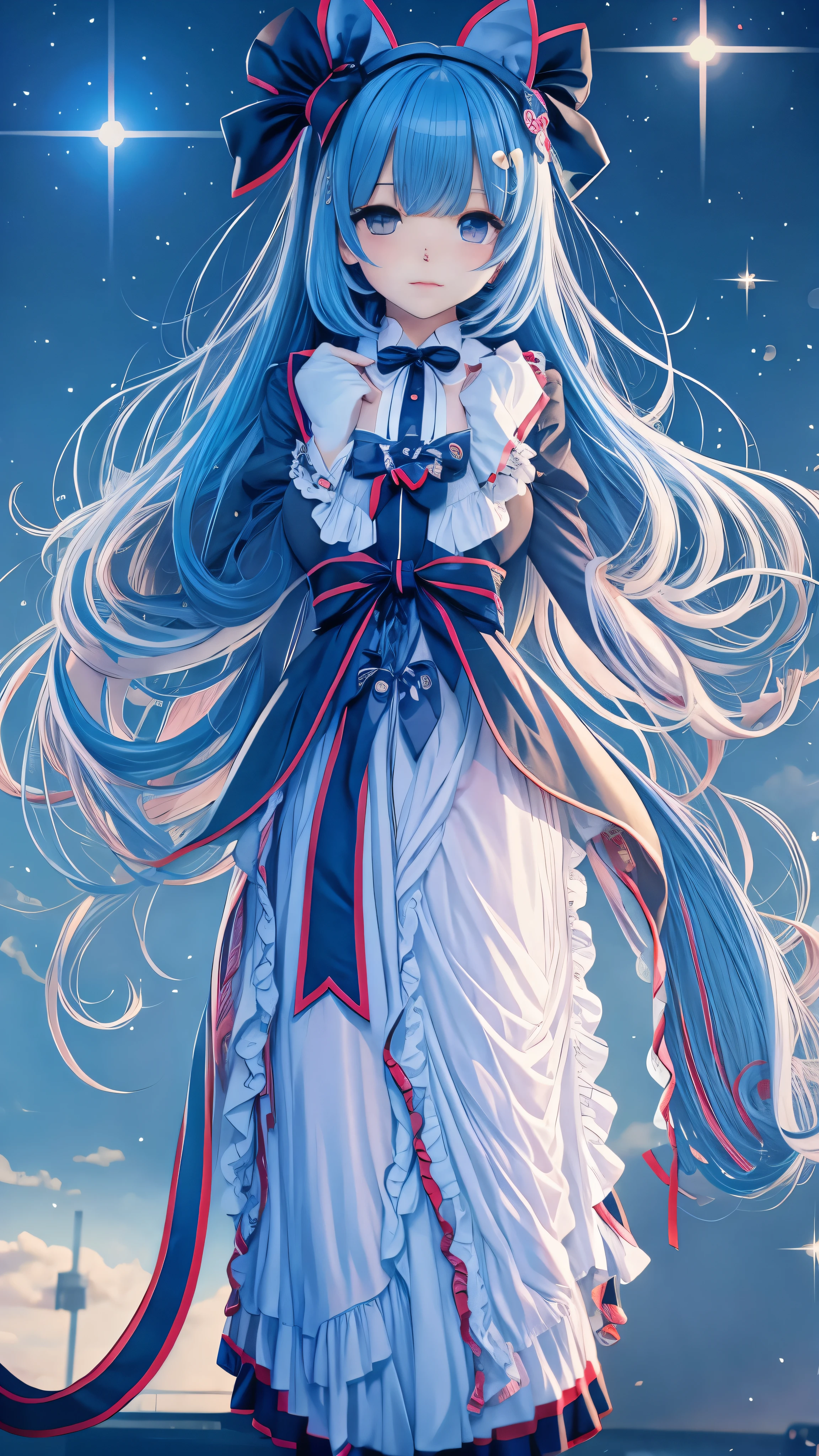 With high definition images，One girl, Frederica Bernkastel, bangs, blue bow, Blue Hair, blunt bangs, bow, Embrace your chest, Cat&#39;s tail, Arms crossed, dress, Long Hair, Long sleeve, Purple eyes, Starry sky background, Alone, tail bow, Tail decoration, Tail raised, Tail ribbon