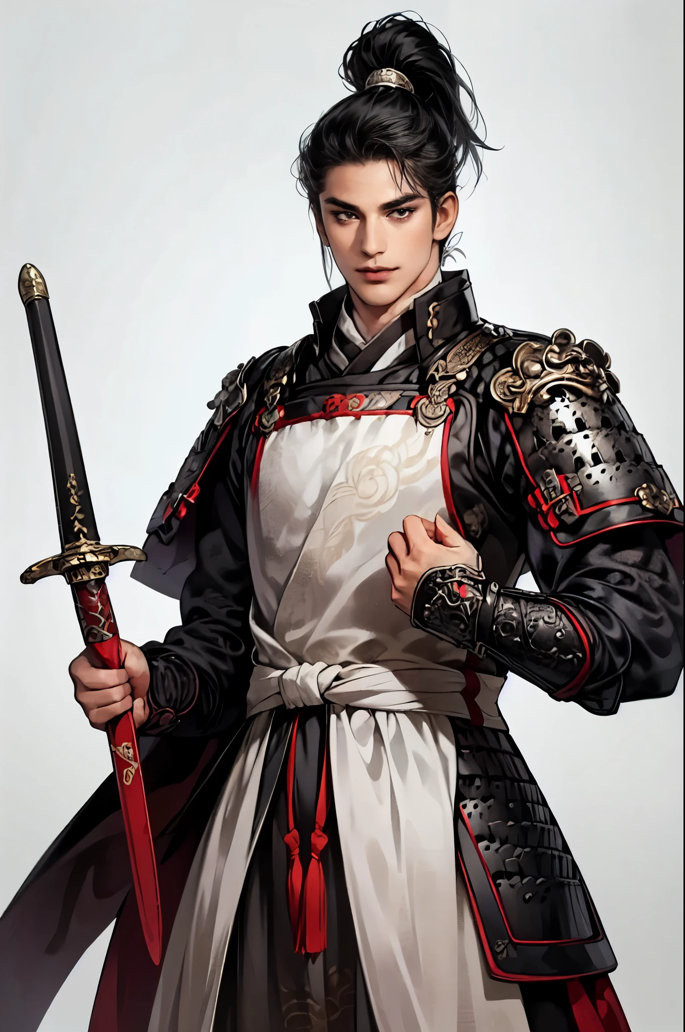 A handsome young man, A relaxed smile,Sharp jawline, (Captivating dark eyes), Thin eyebrows,Gentle features,Egg-shaped contour,Lean and Lanky,(Perfectly styled hair,Long black hair:1.3),((Silver armor with exquisite engravings that are works of art,Holding a long sword in his hand:1.3,Extend one hand towards the viewer:1.3, Heroes of the Three Kingdoms:1.1)),Best Quality,4K,8k,High resolution,masterpiece,Super detailed,Photorealistic Style,((White Background:1.3,simple background:1.3)),Cowboy Shot