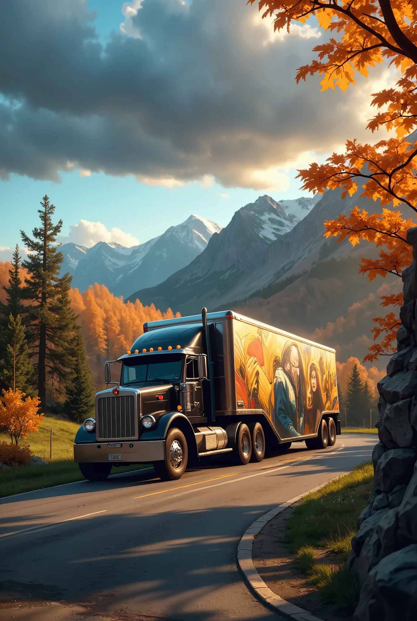 a breathtaking, photorealistic 8K image of a semi-trailer truck driving along a scenic landscape, with vibrant artwork covering the entire side of the trailer. Inspired by the hyperrealistic style of landscape artists like Albert Bierstadt and contemporary automotive photographers, the scene should capture the perfect balance between modern technology and the natural beauty of the world. The semi-trailer truck, gleaming in the sunlight, moves smoothly along a winding road surrounded by towering mountains, rolling green fields, and a clear, blue sky. The trailer is adorned with intricate, colorful artwork featuring nature, animals, and abstract designs that enhance the visual harmony with the environment.

The angle should be a low, wide-angle shot from the side, allowing the viewer to see both the full length of the truck and the vast, stunning landscape in the background. Rays of sunlight reflect off the truck’s polished surfaces and the vibrant colors of the trailer’s art, casting long shadows and adding depth to the scene.

For realism, use a Canon EOS R5 with a Canon RF 15-35mm f/2.8L lens to capture sharp details, from the texture of the truck's painted artwork to the crisp leaves of the trees lining the road. The lighting should be natural and warm, capturing the golden hour glow that enhances the landscape’s beauty and the colors of the trailer’s artwork. The image should evoke a sense of motion, freedom, and the blending of artistic expression with functional design, all set in a breathtaking natural environment.