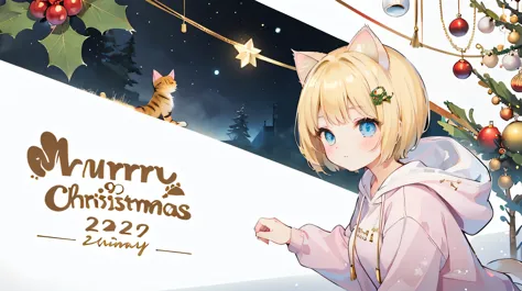  from a distance, (distant view:1.8), (dynamic angle:1.8), dynamic pose, Blonde hair, (Graduation short hair:1.6), a girl in a pink hoodie, Christmas art style, Christmas theme, Christmas celebration, Christmas atmosphere, Christmas scene, Christmas night, detailed art in color, , Christmas wallpaper with reindeer, large view, kawacy, holy night, maplestory, short hair, bright blue eyes, big white hair ornament, (Blonde cat ears:1.6), pink hoodie, denim shorts, black sneakers,