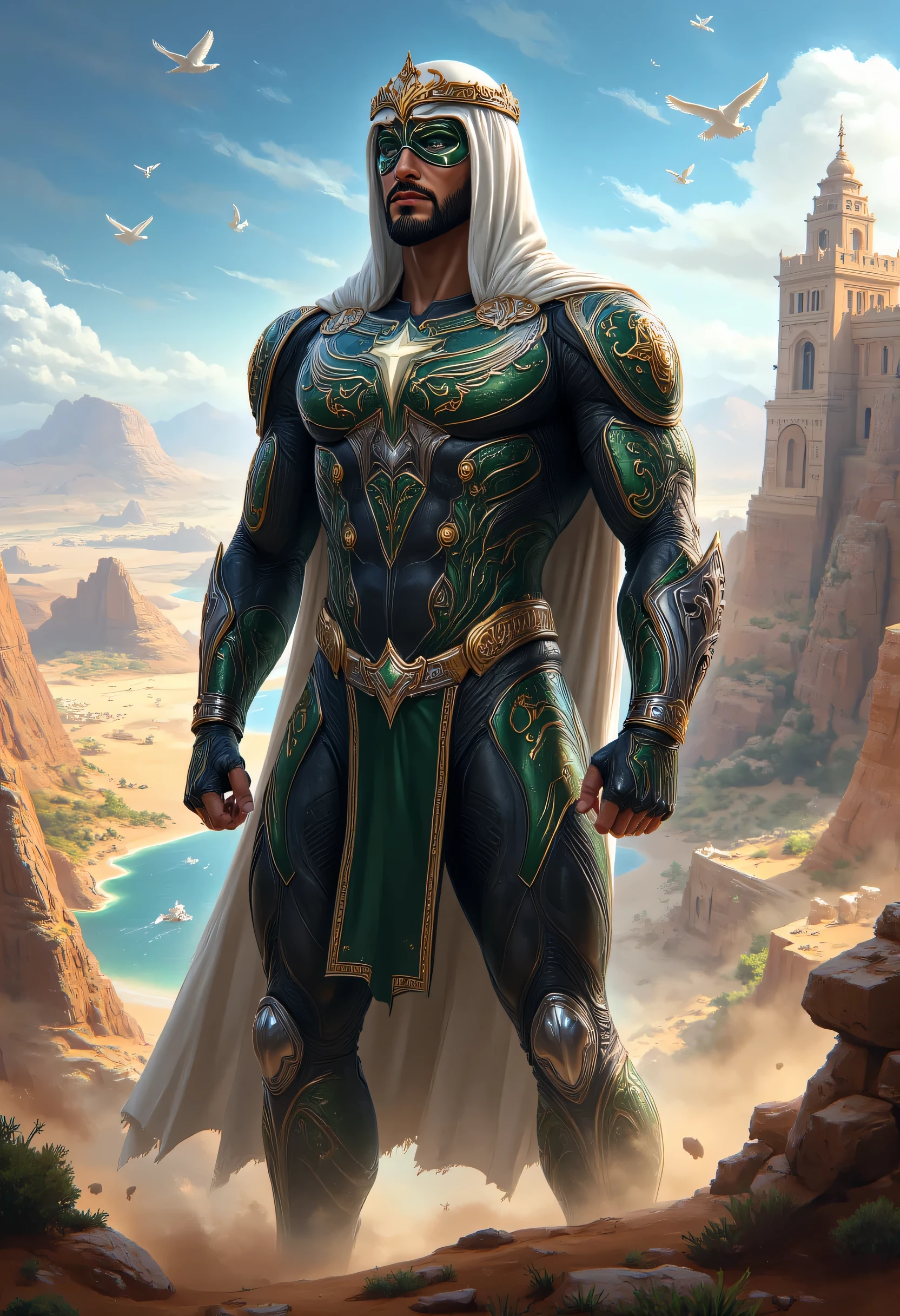 Create a wide-shot illustration of a realistic male superhero inspired by the culture, mythology, and colors of Saudi Arabia. His costume is a fusion of iconic DC character elements, featuring a sleek, tactical, and technologically advanced design. The outfit integrates traditional Saudi Arabian patterns, like intricate geometric designs and calligraphic motifs, with cutting-edge, armor-like materials, creating a harmonious blend of ancient symbolism and futuristic style. The superhero’s primary colors are deep greens, blacks, and golds, representing the cultural essence of Saudi Arabia, with accents of silver and desert tones to enhance a modern aesthetic. He stands in a dynamic, heroic pose, surrounded by a landscape that merges a high-tech cityscape with sprawling desert dunes and the towering presence of a historic fortress. The lighting highlights the fine details of his attire, reflecting strength, cultural pride, and a sense of advanced technology. The scene should evoke a balance between tradition and innovation, exuding power and mystique."
