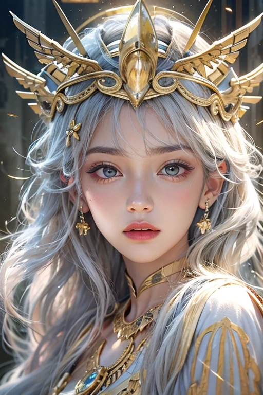 One woman, 27 years old, Athena, the Goddess from the Future, The gentle face of a majestic goddess、A solemn atmosphere, A biologically healthy body, Well-proportioned body, Sexy pale yellow nightgown, Luxurious and shining Athena style,Athena&#39;s Crown, Red lips,Beautiful Skin, Big round breasts, Phoenix Hair Brooch, Long hair with bangs, Silver blonde medium hair, Beautifully detailed face and well-proportioned eyes, Big round eyes, Beautifully detailed makeup, long silk nightgown, bracelet, Fiction Art,  High resolution, Best Quality, 8K quality, 8k ultra , Hair Accessories, necklace, jewelry, Awe-inspiring Mystery, Detailed Background, Aurora, lightning, nebula, The magic of light, Beautiful flowers, Detailed CG, Detailed illustration art, Unique creativity,  Mystical version, 