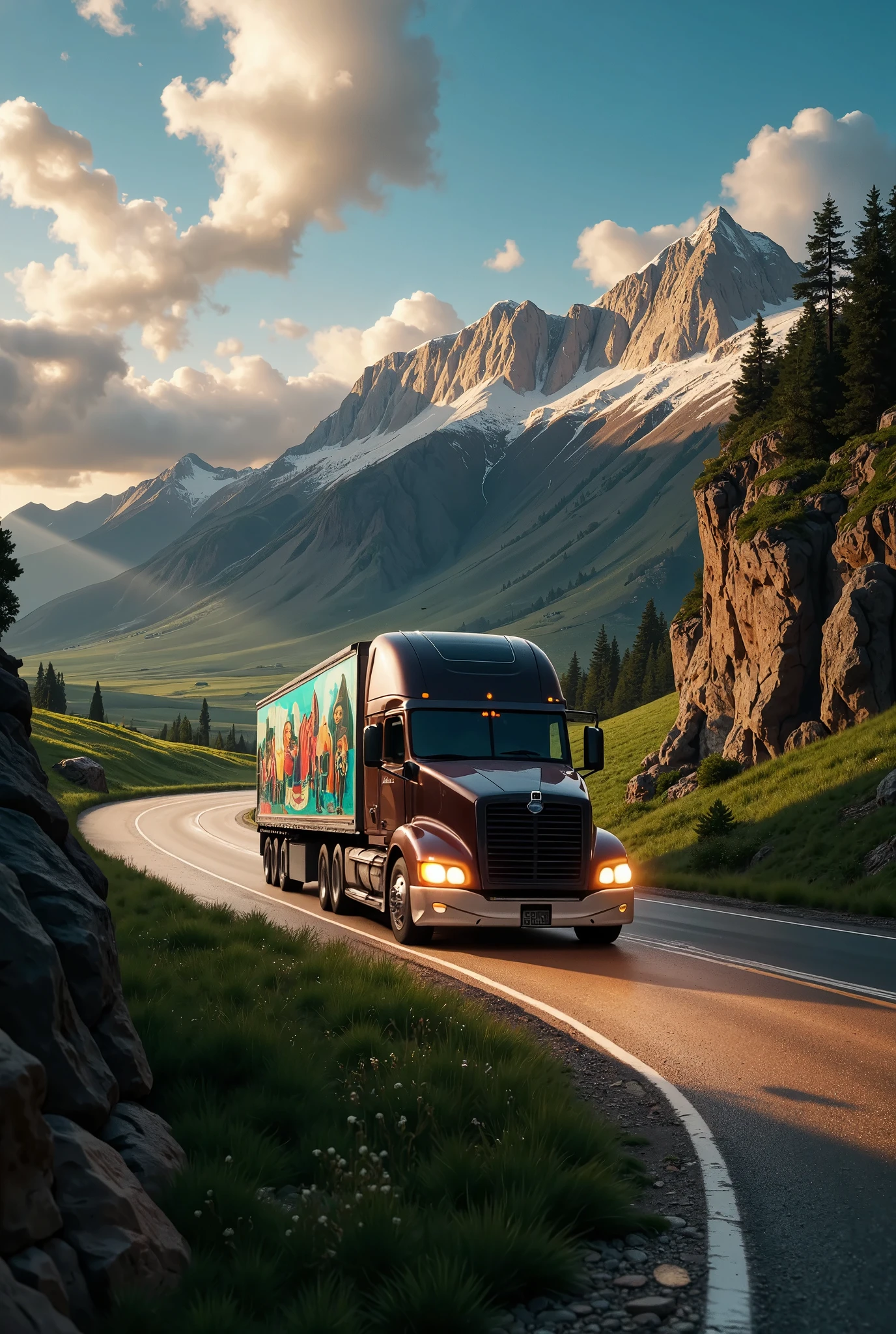 a breathtaking, photorealistic 8K image of a semi-trailer truck driving along a scenic landscape, with vibrant artwork covering the entire side of the trailer. Inspired by the hyperrealistic style of landscape artists like Albert Bierstadt and contemporary automotive photographers, the scene should capture the perfect balance between modern technology and the natural beauty of the world. The semi-trailer truck, gleaming in the sunlight, moves smoothly along a winding road surrounded by towering mountains, rolling green fields, and a clear, blue sky. The trailer is adorned with intricate, colorful artwork featuring nature, animals, and abstract designs that enhance the visual harmony with the environment.

The angle should be a low, wide-angle shot from the side, allowing the viewer to see both the full length of the truck and the vast, stunning landscape in the background. Rays of sunlight reflect off the truck’s polished surfaces and the vibrant colors of the trailer’s art, casting long shadows and adding depth to the scene.

For realism, use a Canon EOS R5 with a Canon RF 15-35mm f/2.8L lens to capture sharp details, from the texture of the truck's painted artwork to the crisp leaves of the trees lining the road. The lighting should be natural and warm, capturing the golden hour glow that enhances the landscape’s beauty and the colors of the trailer’s artwork. The image should evoke a sense of motion, freedom, and the blending of artistic expression with functional design, all set in a breathtaking natural environment.