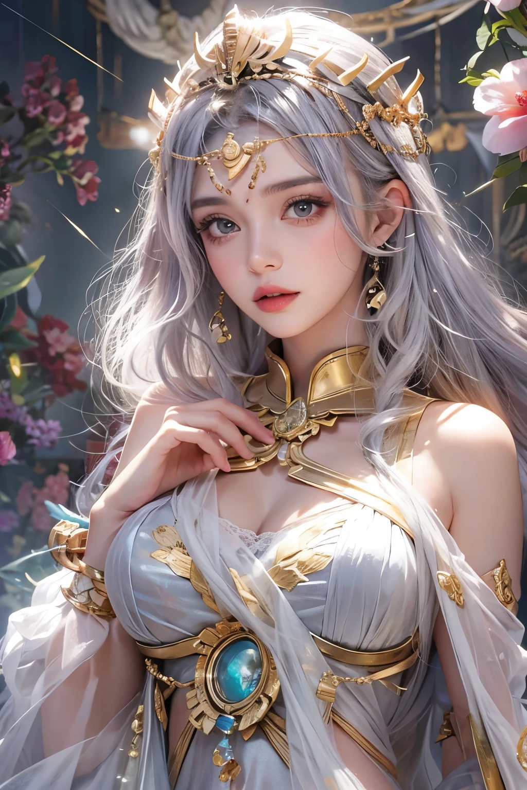 One woman, 27 years old, Athena, the Goddess from the Future, The gentle face of a majestic goddess、A solemn atmosphere, A biologically healthy body, Well-proportioned body, Sexy pale yellow nightgown, Luxurious and shining Athena style,Athena&#39;s Crown, Red lips,Beautiful Skin, Big round breasts, Phoenix Hair Brooch, Long hair with bangs, Silver blonde medium hair, Beautifully detailed face and well-proportioned eyes, Big round eyes, Beautifully detailed makeup, long silk nightgown, bracelet, Fiction Art,  High resolution, Best Quality, 8K quality, 8k ultra , Hair Accessories, necklace, jewelry, Awe-inspiring Mystery, Detailed Background, Aurora, lightning, nebula, The magic of light, Beautiful flowers, Detailed CG, Detailed illustration art, Unique creativity,  Mystical version, 